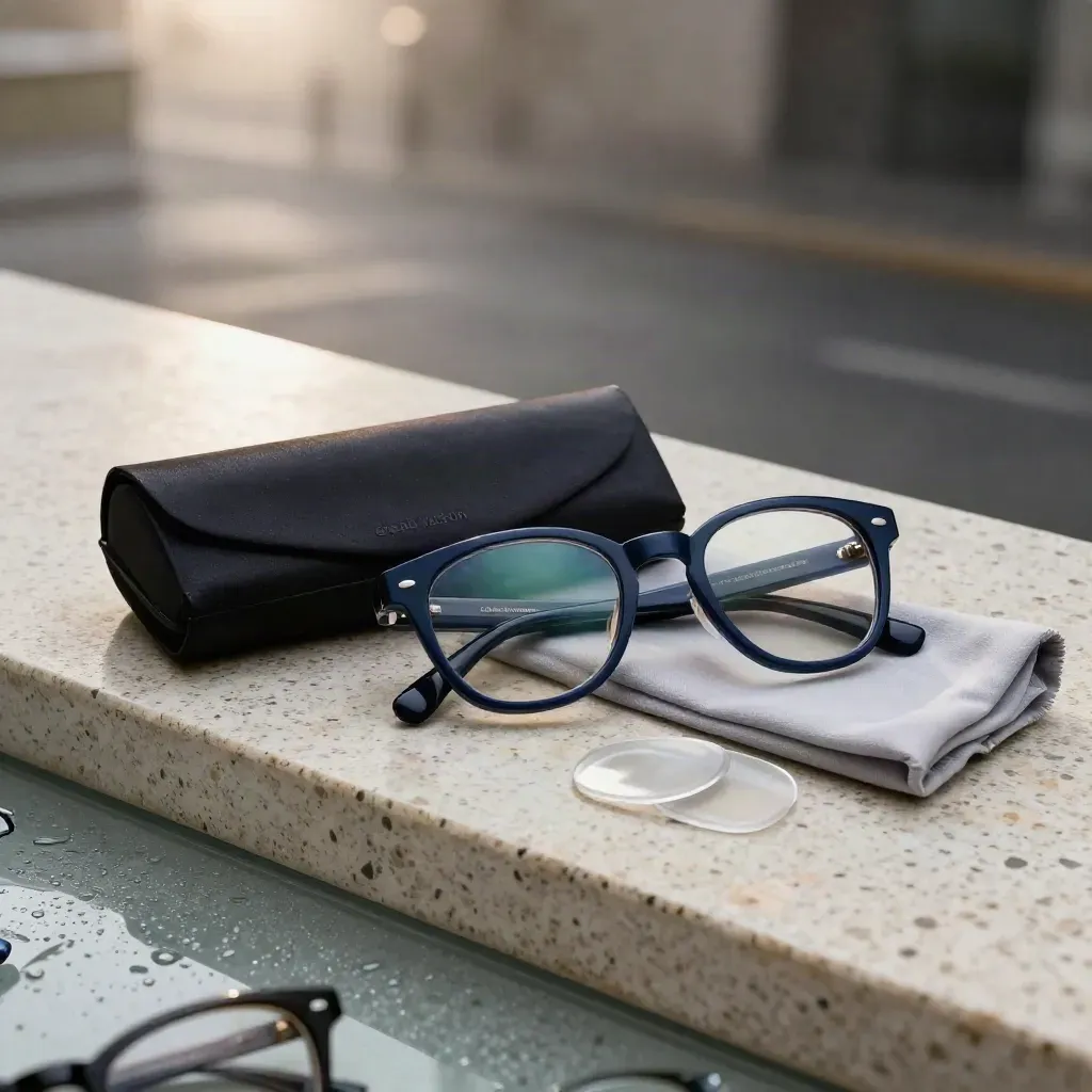 Bingkai cermin mata acetate navy, kotak keras, kain mikrofiber dan dulang pad hidung di atas travertin.